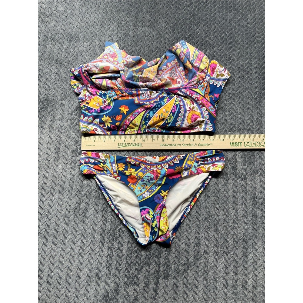 Trina Turk Blue Multicolor Ruffle Off-Shoulder Bikini Set - Picture 14 of 15